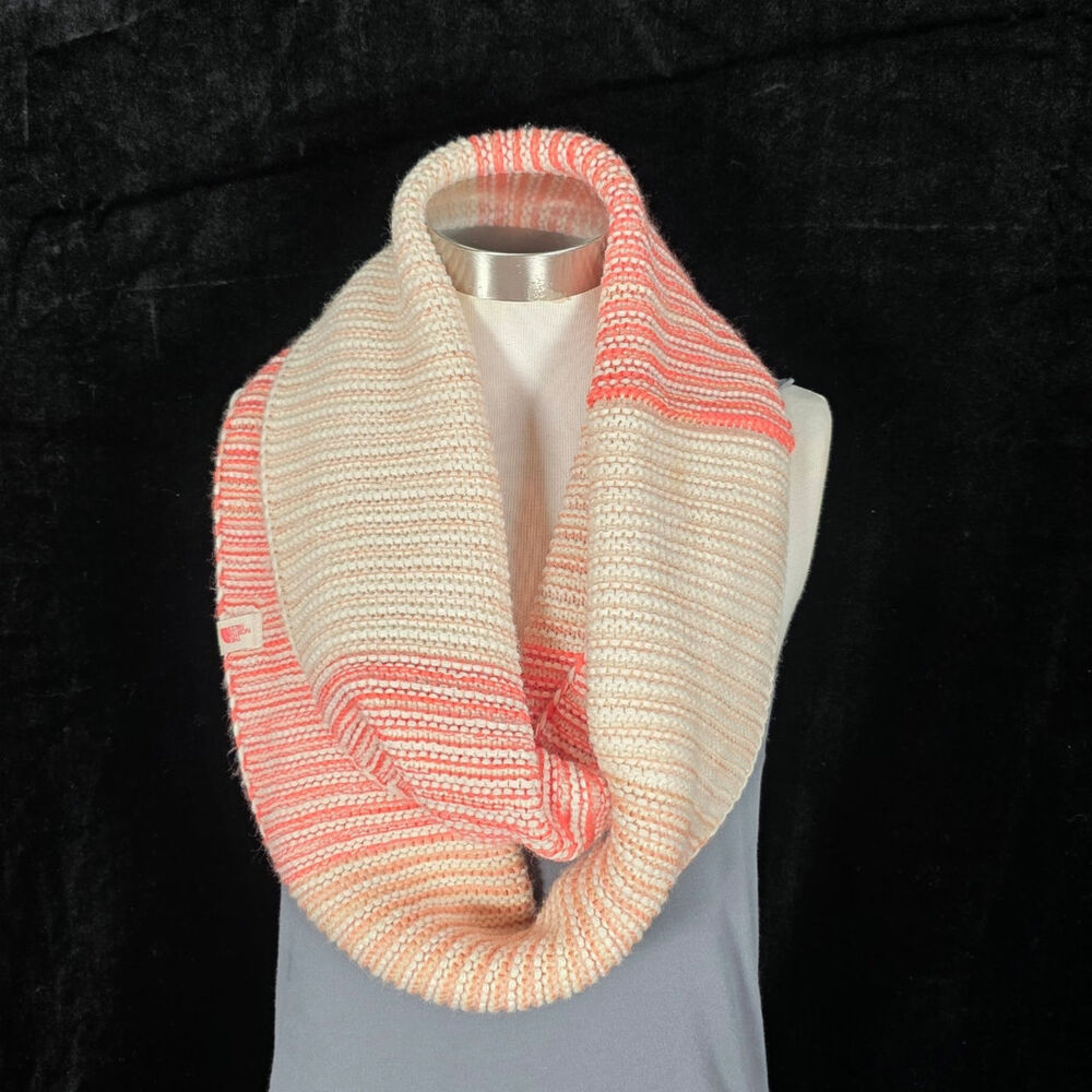 The North Face Cozy Chunky- Knit Infinity Scarf Coral Pink Cream Ribbed Stripes
